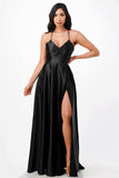 La Scala Open Side Back Spaghetti Zig Zag Tie Satin Gown - Rosa Apparel