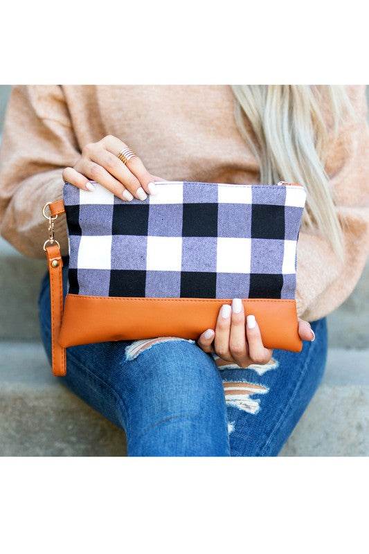 Aili's Corner Cotton Buffalo Plaid PU Leather Trim Clutch - Rosa Apparel