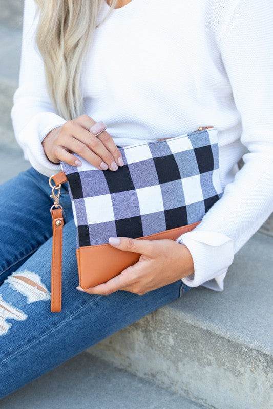 Aili's Corner Cotton Buffalo Plaid PU Leather Trim Clutch - Rosa Apparel
