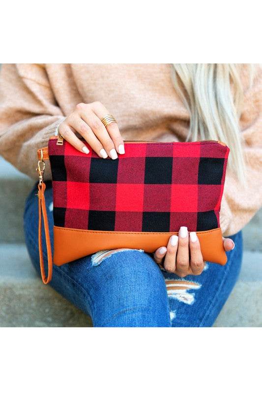 Aili's Corner Cotton Buffalo Plaid PU Leather Trim Clutch - Rosa Apparel