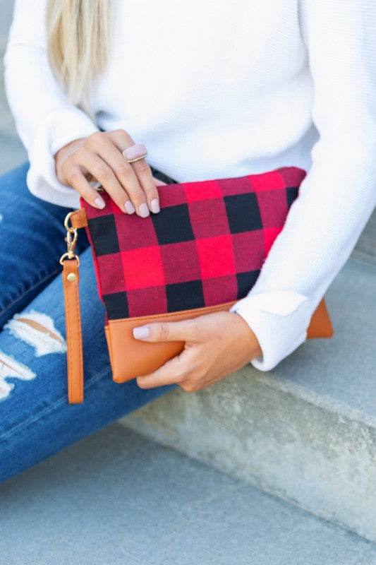 Aili's Corner Cotton Buffalo Plaid PU Leather Trim Clutch - Rosa Apparel