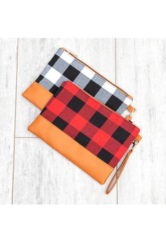 Aili's Corner Cotton Buffalo Plaid PU Leather Trim Clutch - Rosa Apparel
