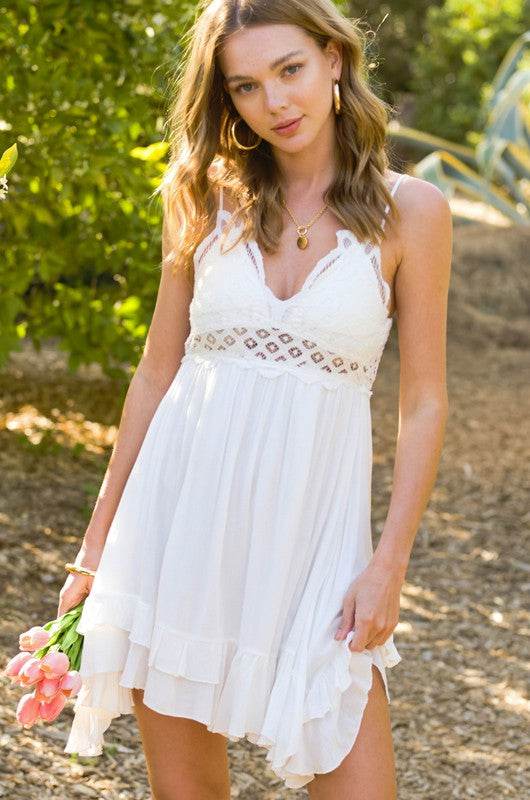 La Miel Monterey Bohemian V-Neck Sleeveless Crochet Mini Dress - Rosa Apparel