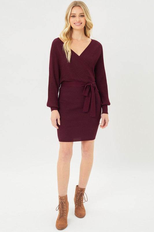 Love Tree Off Shoulder Wrap Belted Ribbed Knit Dress - Rosa Apparel