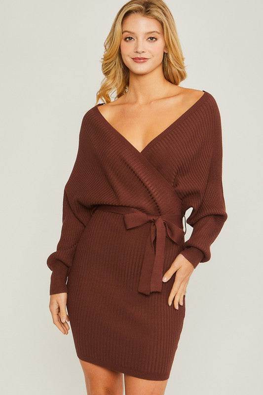 Love Tree Off Shoulder Wrap Belted Ribbed Knit Dress - Rosa Apparel