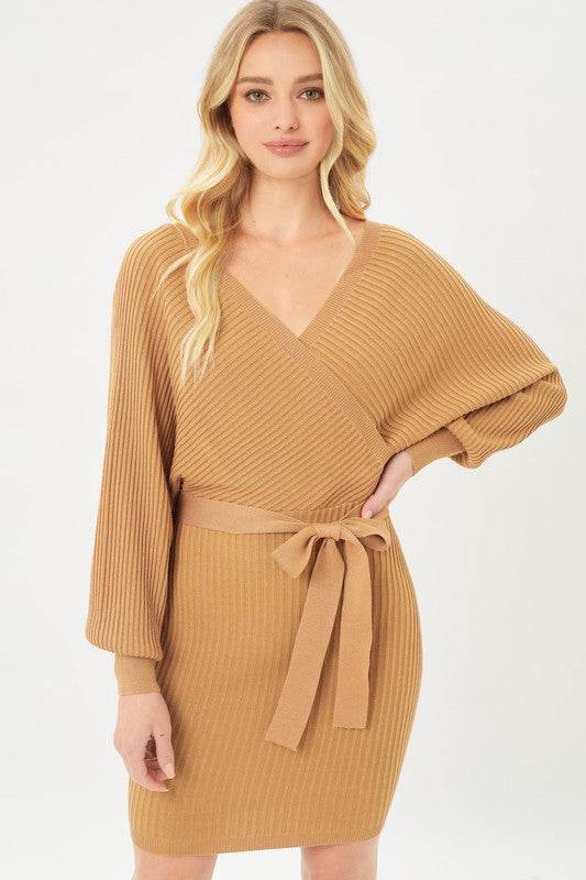 Love Tree Off Shoulder Wrap Belted Ribbed Knit Dress - Rosa Apparel
