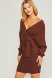 Love Tree Off Shoulder Wrap Belted Ribbed Knit Dress - Rosa Apparel