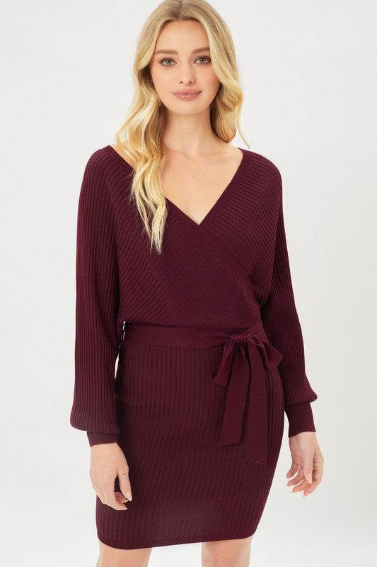 Love Tree Off Shoulder Wrap Belted Ribbed Knit Dress - Rosa Apparel