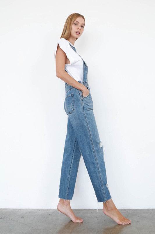 Denim Lab High Waist Ripped Straight Denim Overall Jumpsuit - Rosa Apparel