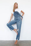 Denim Lab High Waist Ripped Straight Denim Overall Jumpsuit - Rosa Apparel
