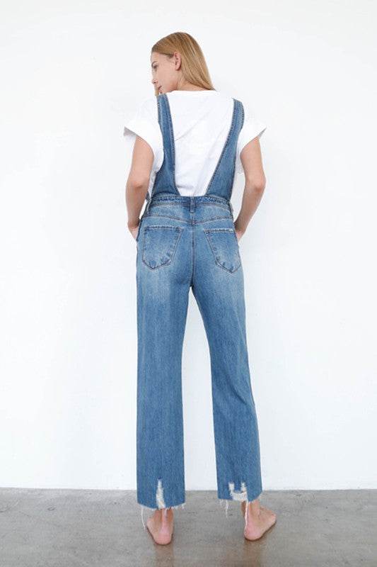 Denim Lab High Waist Ripped Straight Denim Overall Jumpsuit - Rosa Apparel