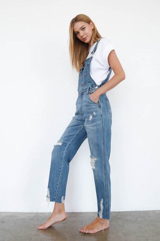 Denim Lab High Waist Ripped Straight Denim Overall Jumpsuit - Rosa Apparel