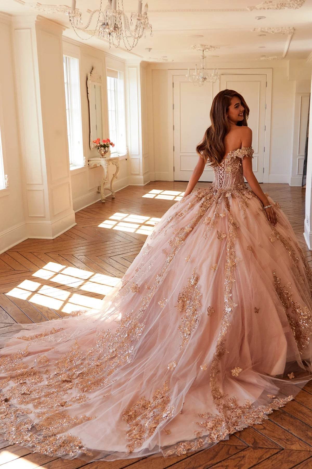 Juliet 3D Butterfly Off Shoulder Quinceañera Ball Gown JT1485J - Rosa Apparel