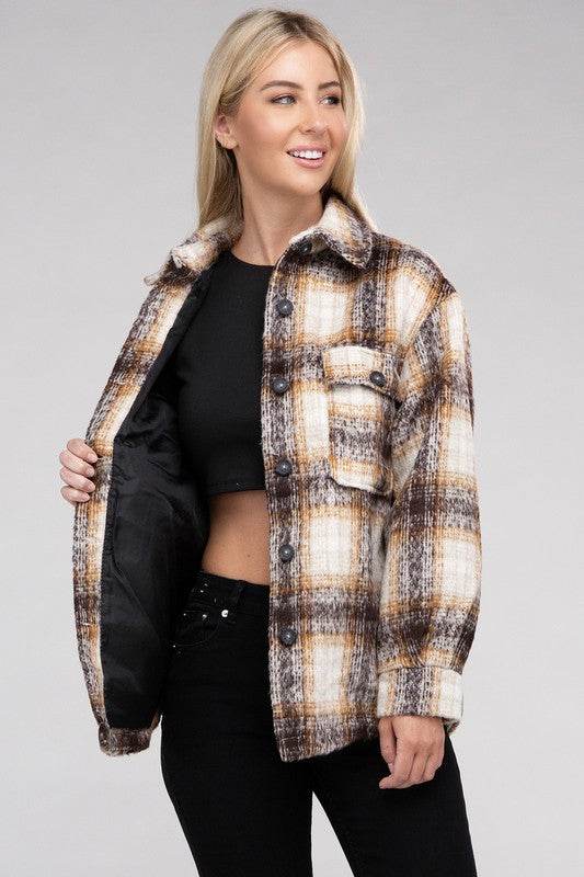 Ambiance Cozy Plaid Flannel Regular Fit Collar Shacket - Rosa Apparel