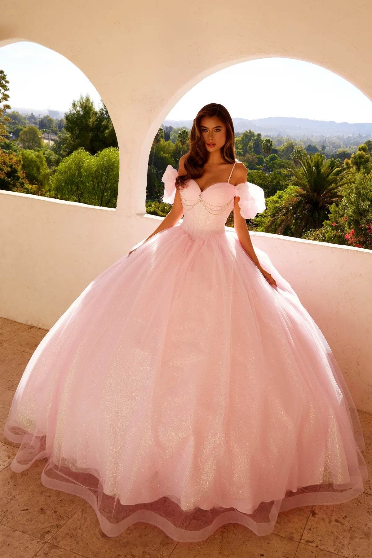 Juliet Glitter Tulle Off-Shoulder Quinceañera Ball Gown JT1487H - Rosa Apparel