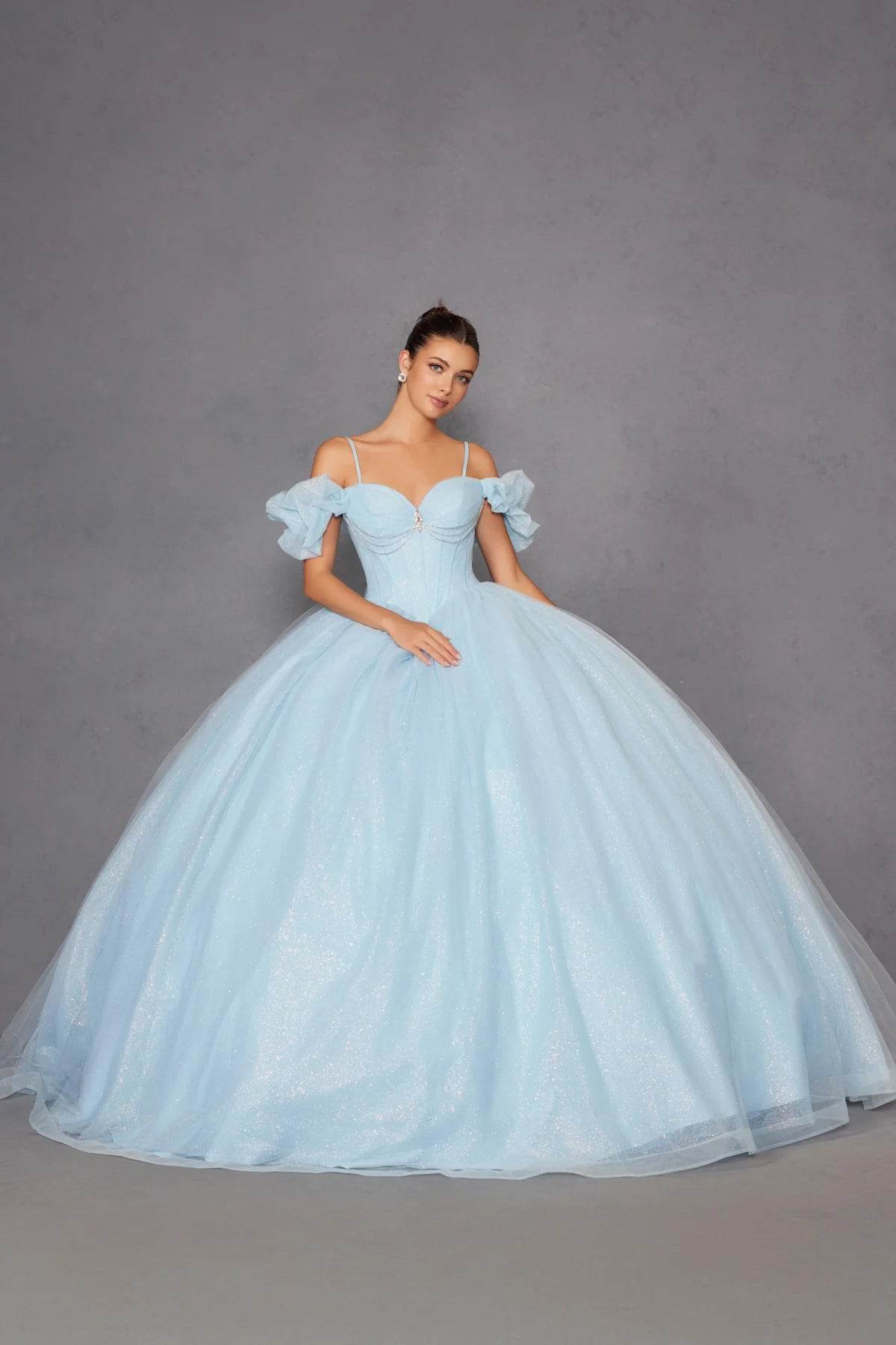 Juliet Glitter Tulle Off-Shoulder Quinceañera Ball Gown JT1487H - Rosa Apparel