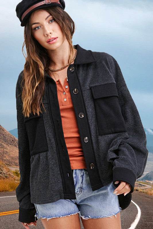 La Miel Matilda Button Up Front Collard Neck Long Sleeves Jacket - Rosa Apparel