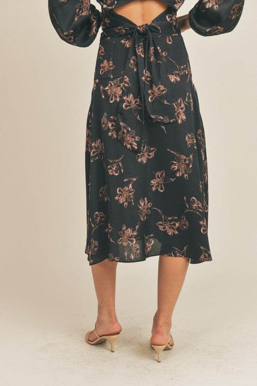 Lush Side Slit Floral Print Midi Skirt - Rosa Apparel