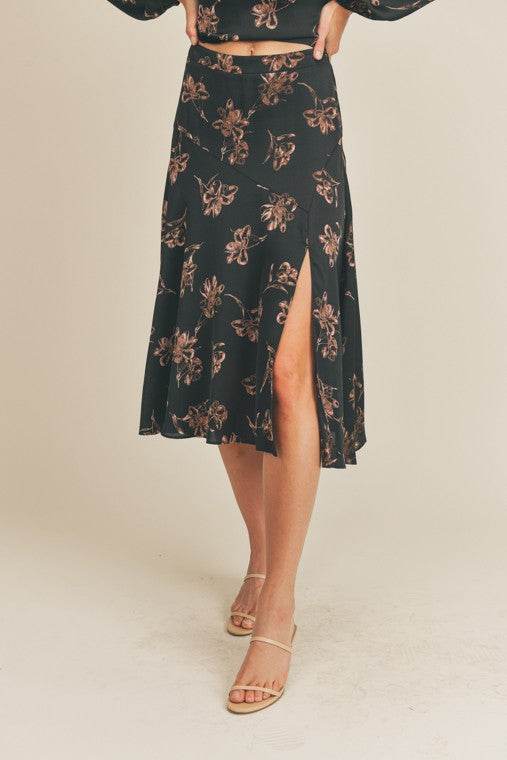 Lush Side Slit Floral Print Midi Skirt - Rosa Apparel