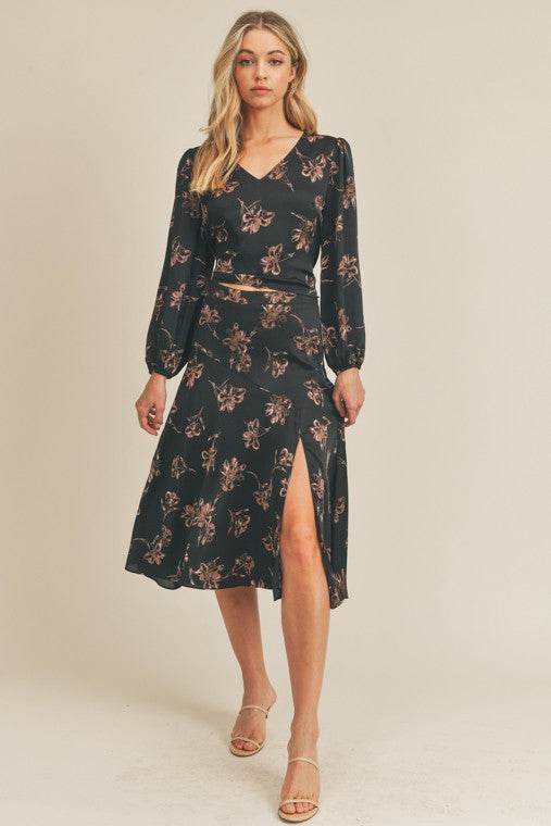 Lush Side Slit Floral Print Midi Skirt - Rosa Apparel
