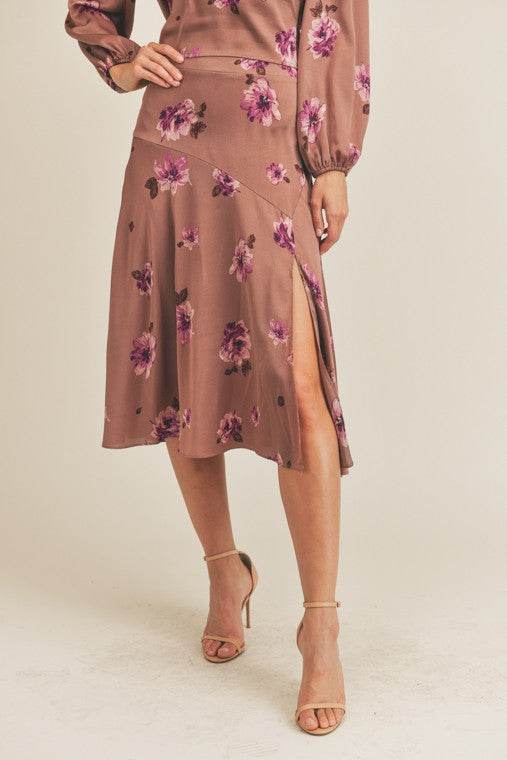 Lush Side Slit Floral Print Midi Skirt - Rosa Apparel