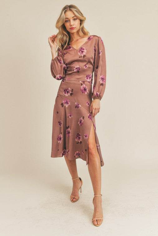 Lush Side Slit Floral Print Midi Skirt - Rosa Apparel