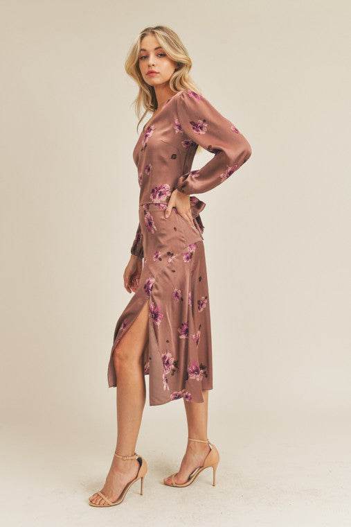Lush Side Slit Floral Print Midi Skirt - Rosa Apparel