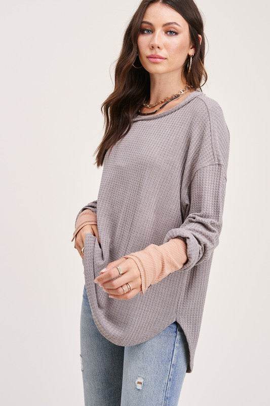 La Miel Bree Waffle Relaxed Raw Edge Boat Neck Sweater - Rosa Apparel