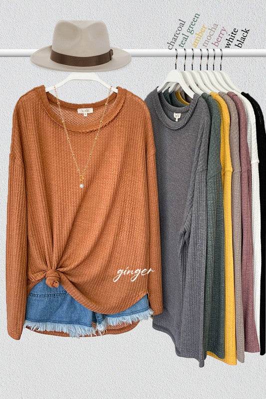 La Miel Bree Waffle Relaxed Raw Edge Boat Neck Sweater - Rosa Apparel