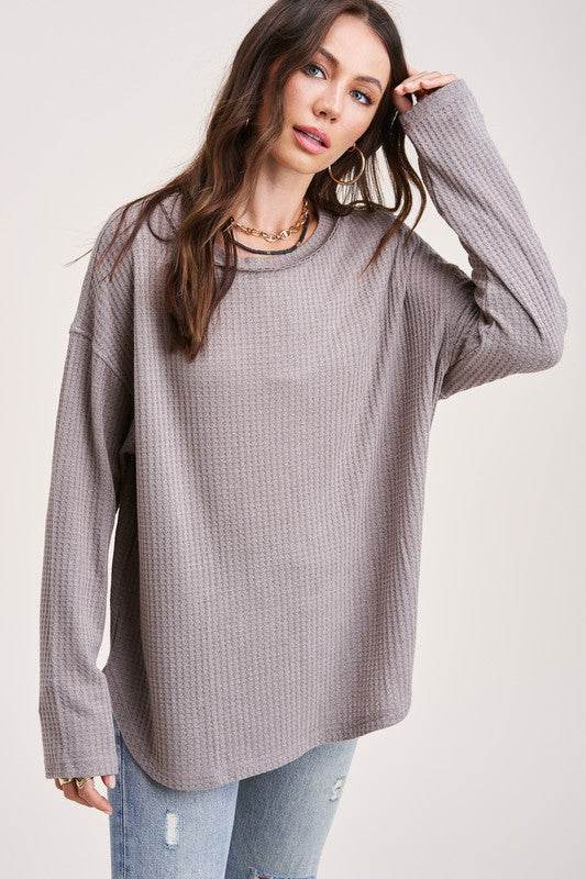 La Miel Bree Waffle Relaxed Raw Edge Boat Neck Sweater - Rosa Apparel
