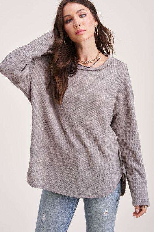 La Miel Bree Waffle Relaxed Raw Edge Boat Neck Sweater - Rosa Apparel