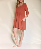 Fabina Bamboo Loose Fit Babydoll V-Neck 3/4 Sleeves Pocketed Mini Dress - Rosa Apparel