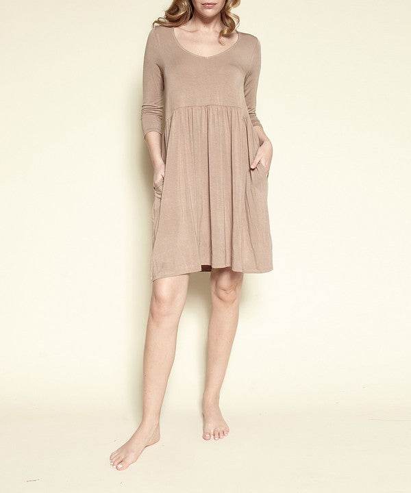 Fabina Bamboo Loose Fit Babydoll V-Neck 3/4 Sleeves Pocketed Mini Dress - Rosa Apparel