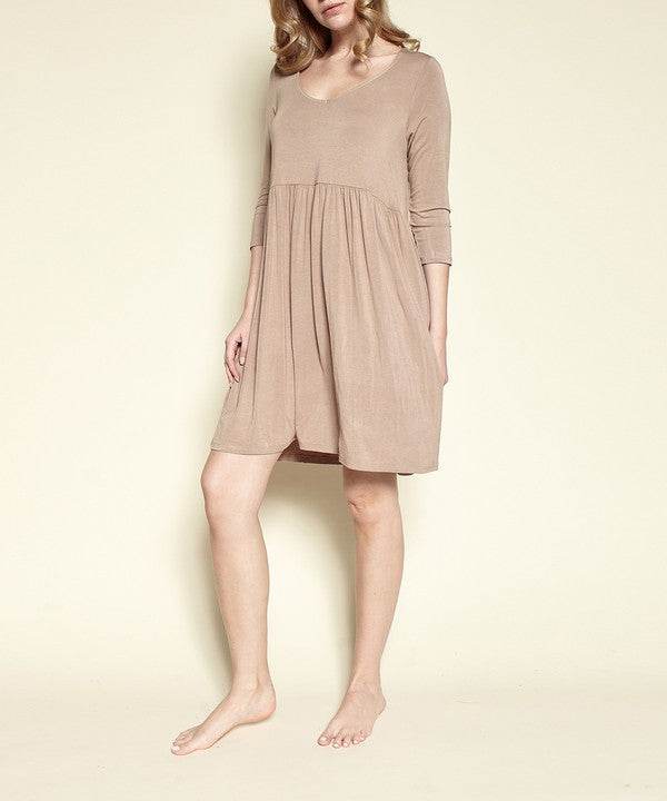 Fabina Bamboo Loose Fit Babydoll V-Neck 3/4 Sleeves Pocketed Mini Dress - Rosa Apparel