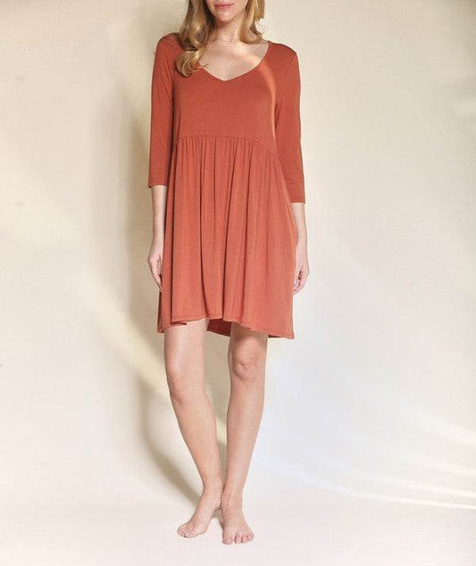 Fabina Bamboo Loose Fit Babydoll V-Neck 3/4 Sleeves Pocketed Mini Dress - Rosa Apparel