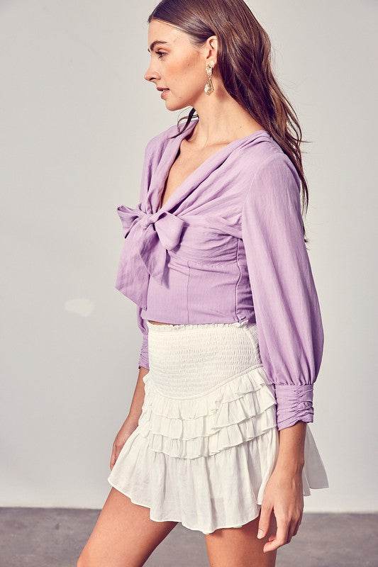 Do+Be Casual Front Tie Long Sleeve V-Neck Top - Rosa Apparel