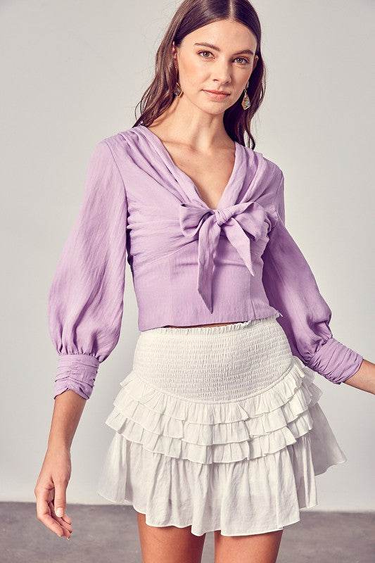 Do+Be Casual Front Tie Long Sleeve V-Neck Top - Rosa Apparel