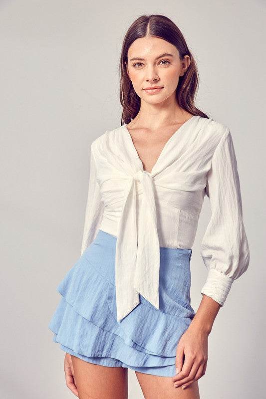 Do+Be Casual Front Tie Long Sleeve V-Neck Top - Rosa Apparel