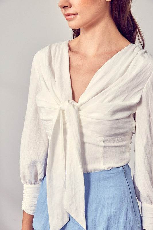 Do+Be Casual Front Tie Long Sleeve V-Neck Top - Rosa Apparel