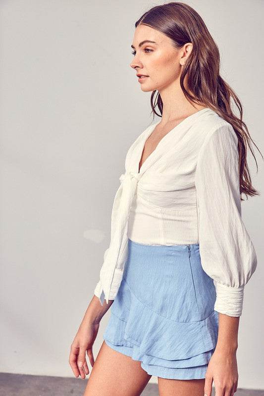 Do+Be Casual Front Tie Long Sleeve V-Neck Top - Rosa Apparel