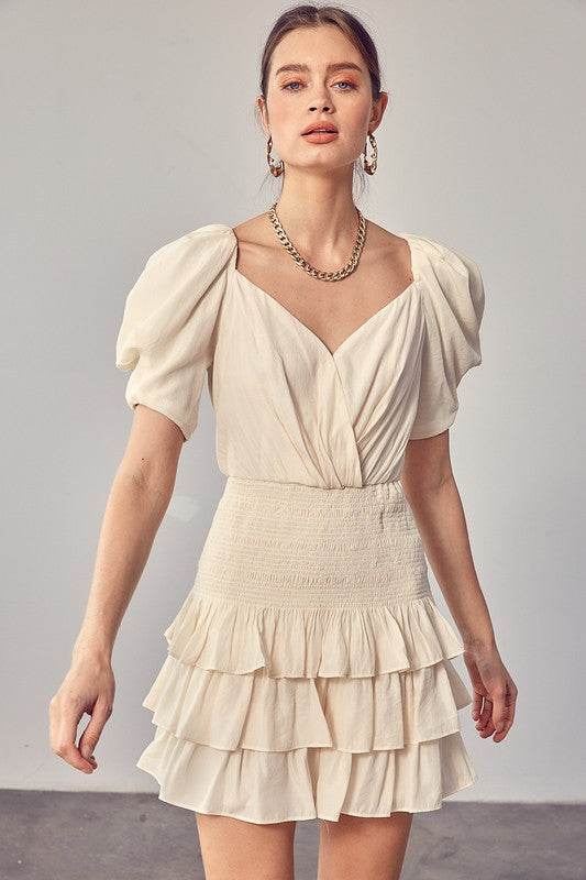 Do+Be Casual Puff Sleeves Ruffle V-Neck Mini Dress - Rosa Apparel