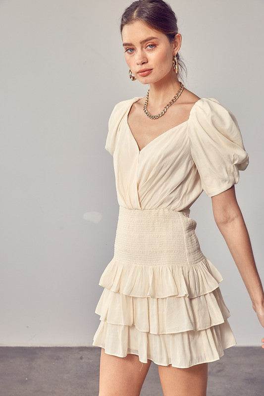 Do+Be Casual Puff Sleeves Ruffle V-Neck Mini Dress - Rosa Apparel