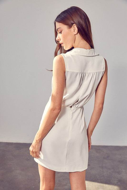 Do + Be Casual Collared Side Button Deep V-Neck Sleeveless Mini Dress - Rosa Apparel