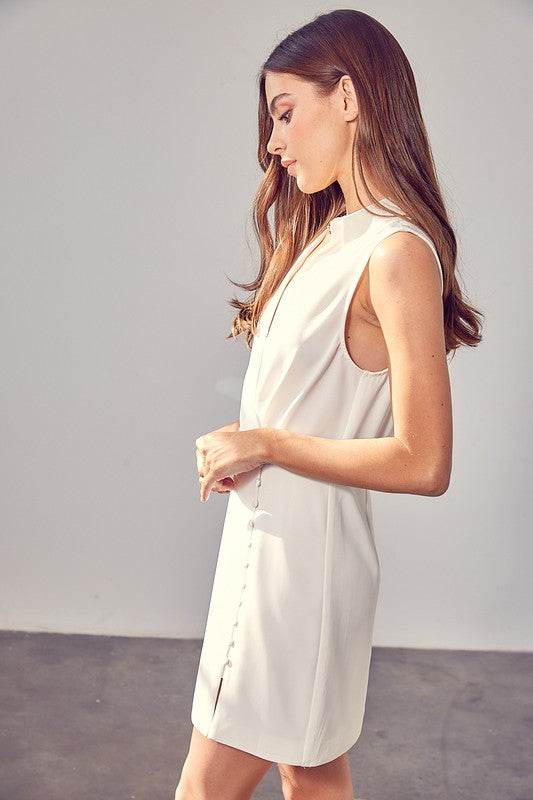 Do + Be Casual Collared Side Button Deep V-Neck Sleeveless Mini Dress - Rosa Apparel