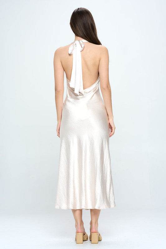One And Only Satin Draped Halter Neck Back Tie Maxi Dress - Rosa Apparel
