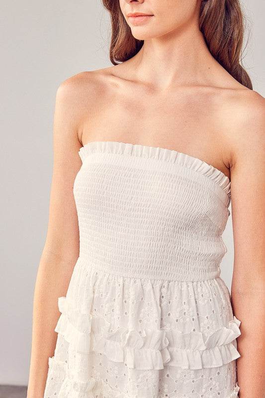 Do + Be Casual Smocked Embroidery Strapless Sleeveless Mini Dress - Rosa Apparel