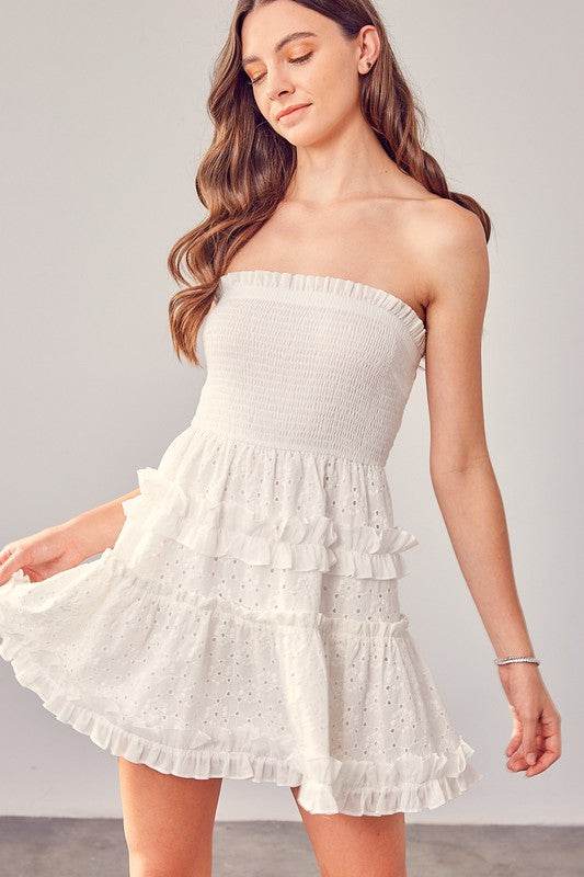 Do + Be Casual Smocked Embroidery Strapless Sleeveless Mini Dress - Rosa Apparel