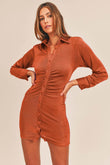Mable Front Ruched Button-Down Skinny Mini Shirt Dress - Rosa Apparel