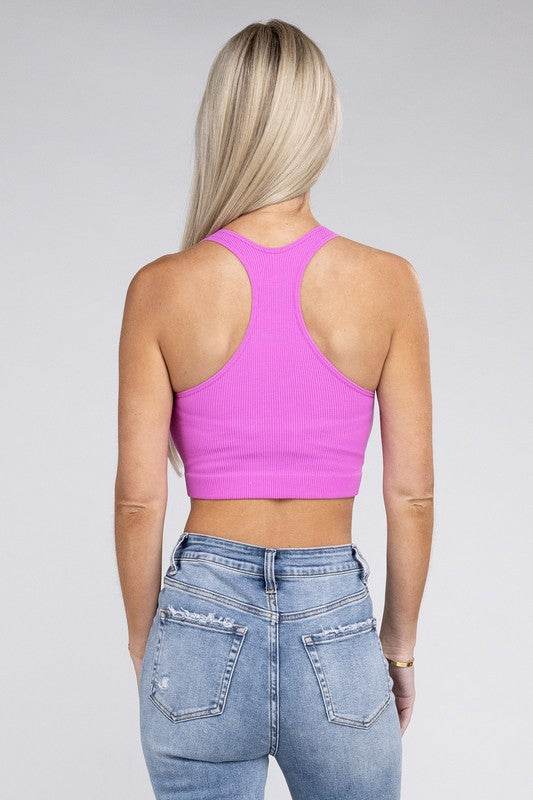 Zenana Sporty Ribbed Cropped Racerback V-Neck Sleeveless Tank Top - Rosa Apparel