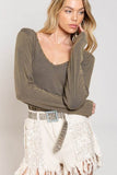 POL Studded Ribbed V-Neck Long Sleeves Top - Rosa Apparel
